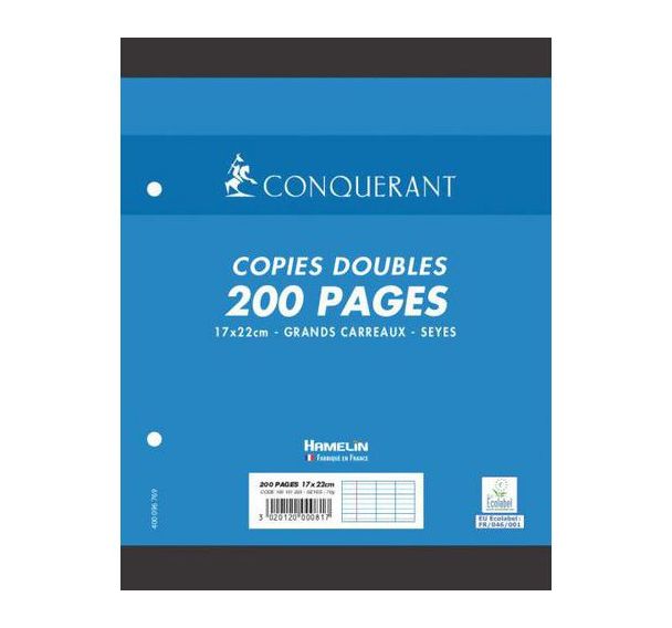 Copies doubles 200 pages 70g 17x22 cm perforées seyes NF 81 (Etui de 50)