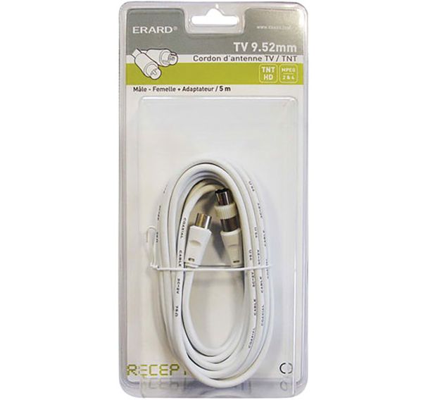 Cordon 5m TV 9.52mm mâle/ femelle + adpat.mâle/mâle