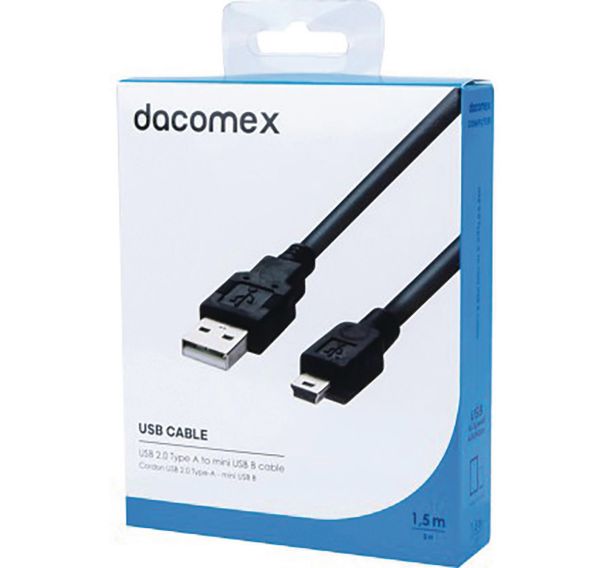 Cordon USB 2.0 Type-A - mini USB B noir - 1,5 m DACOMEX