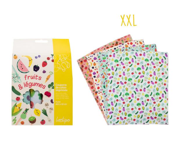 Coupon tissu 45,5x55 imprimés fruits & légumes (lot de 4)