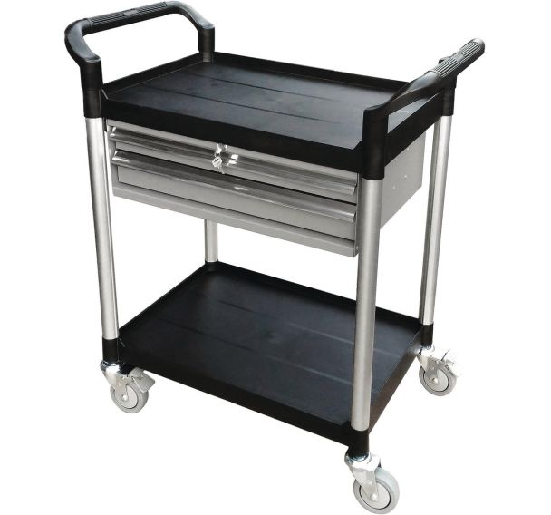 Desserte 250 kg alu 2 plateaux 680x450mm plastique 2 tiroirs
