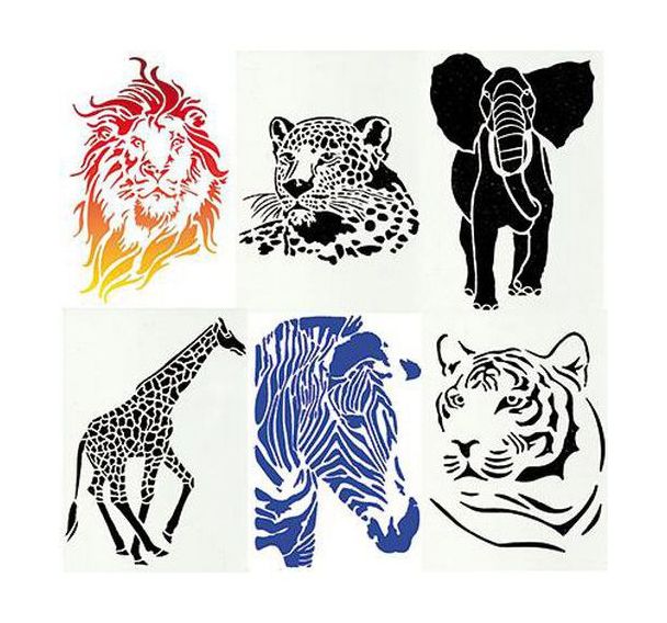 Ensemble 6 pochoirs animaux sauvages en plastique lavable. Format A4