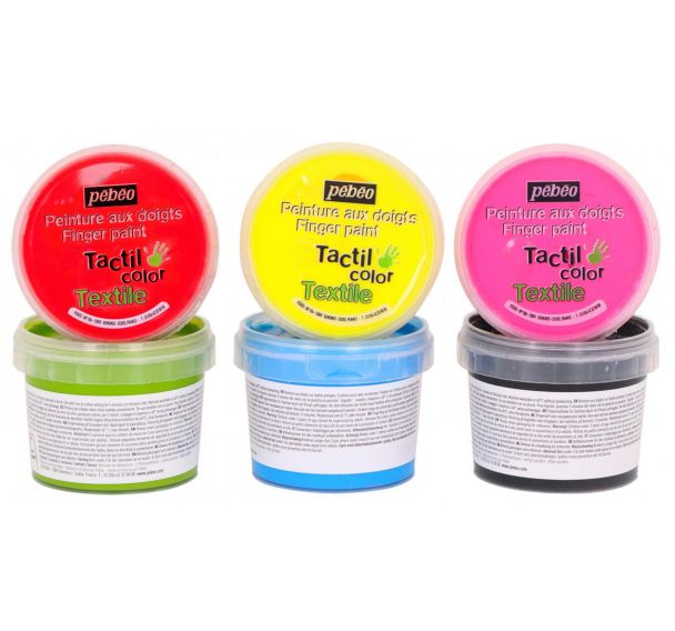 Ensemble 6 pots 100 ml gouache aux doigts textile Pebeo couleurs classiques