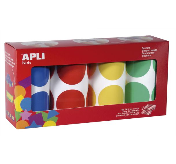 Ensemble de 4 rouleaux de gommettes maxi format rondes diamètre 45 mm couleurs assorties