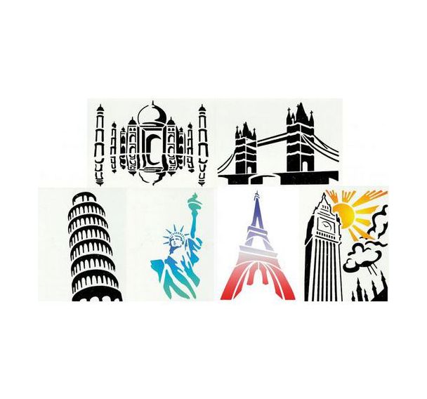 Ensemble de 6 pochoirs monuments en plastique lavable. Format A4