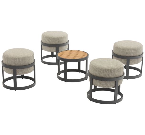 Ensemble détente Totem 4 tabourets 1 table basse teck/alu