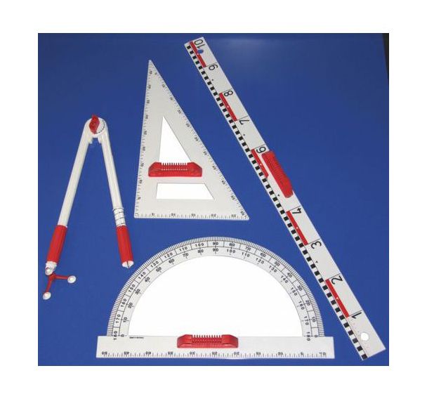 Ensemble plastique aimante comprenant : 1 règle 1 m, 1 équerre 60°,  1 rapporteur 180°, 1 compas 45 cm, à 3 pieds rotatifs.