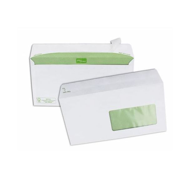 Enveloppe blanche recyclée à fenêtre (45 x 100) 11 x 22 cm - 80 gr extra blanche (Boite de 500)