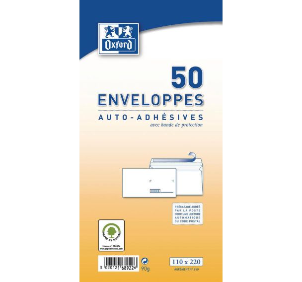 Enveloppes 110x220 auto adhésives précasées - Oxford