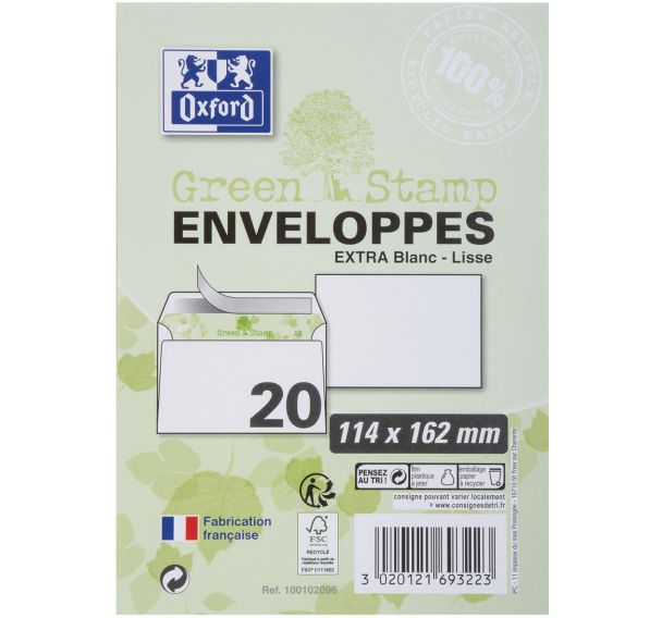 Enveloppes 90g auto adhésives recyclées - Oxford