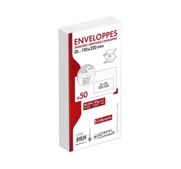 Enveloppes extra blanc 110x220 fenêtre 45x100 80g - Clairefontaine