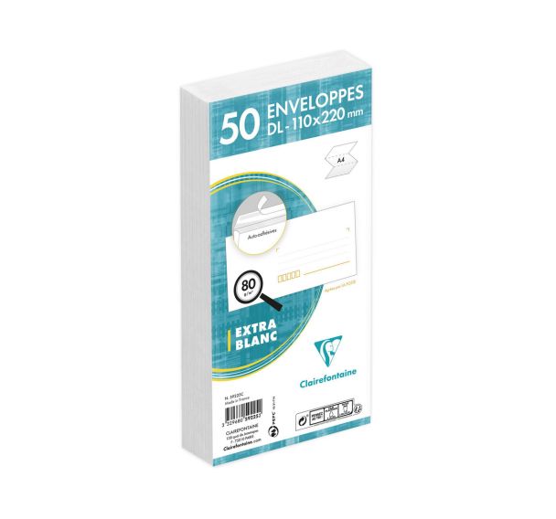Enveloppes extra blanc DL claircode 80g - Clairefontaine