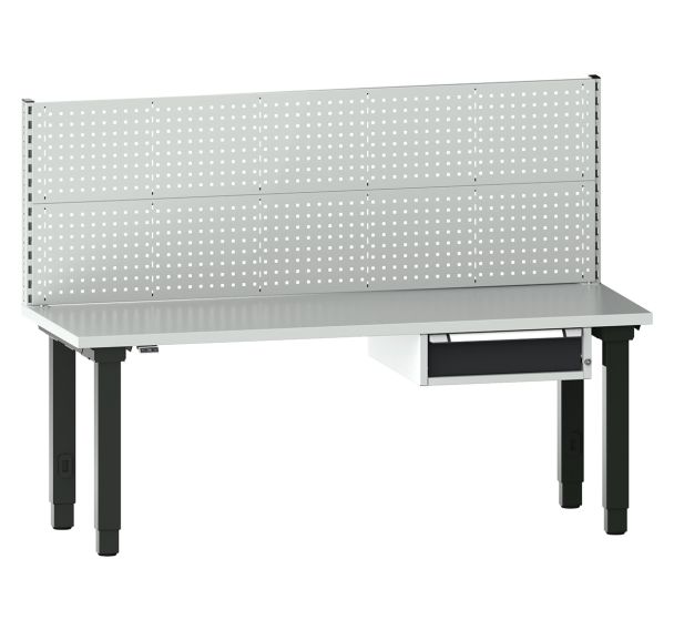 Etabli Quatro hauteur réglable électrique plateau résine 1 tiroir+panneau perfo haut