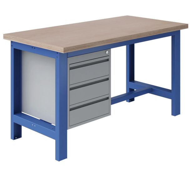 Etabli SI 40 plateau hêtre multiplis + 3 tiroirs Bleu RAL 5015 Sofame