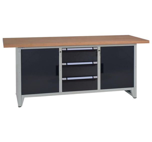 Etabli compact 200x70x80 cm 3 tir 2 portes 7035 Gris/7016 Gris