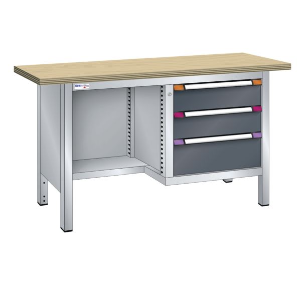 Établi compact hêtre 150x70x85 cm 1 étagère 3 tiroirs Thurmetall