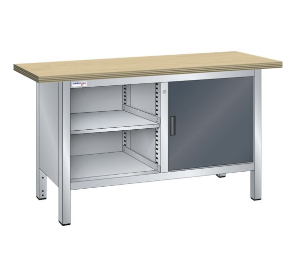 Établi compact hêtre 150x70x85 cm 1 porte battante 2 étagères Thurmetall