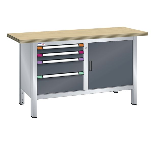 Établi compact hêtre 150x70x85 cm 1 porte battante 4 tiroirs Thurmetall