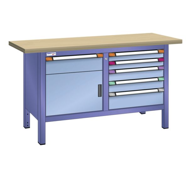 Établi compact hêtre 150x70x85 cm 1 porte battante 6 tiroirs Thurmetall