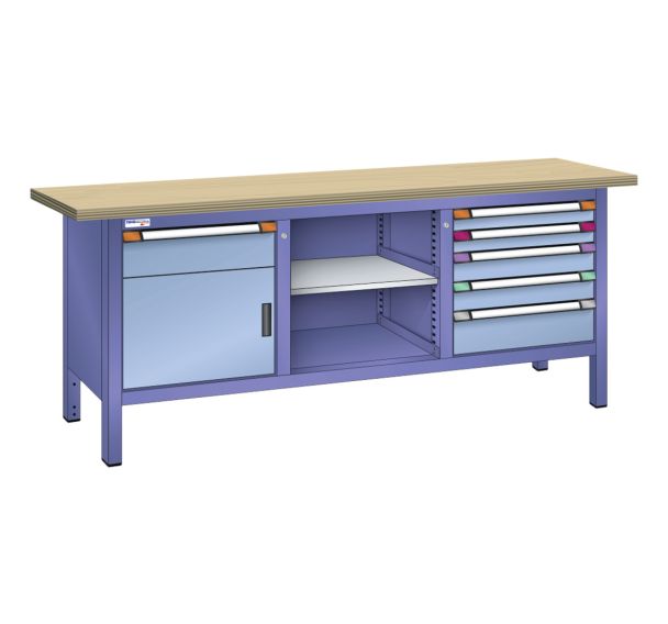 Établi compact hêtre 200x70x85 cm 1 porte battante 1 étagère 6 tiroirs Thurmetall