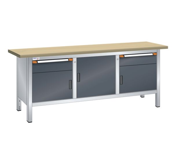 Établi compact hêtre 200x70x85 cm 3 portes battantes 2 tiroirs Thurmetall