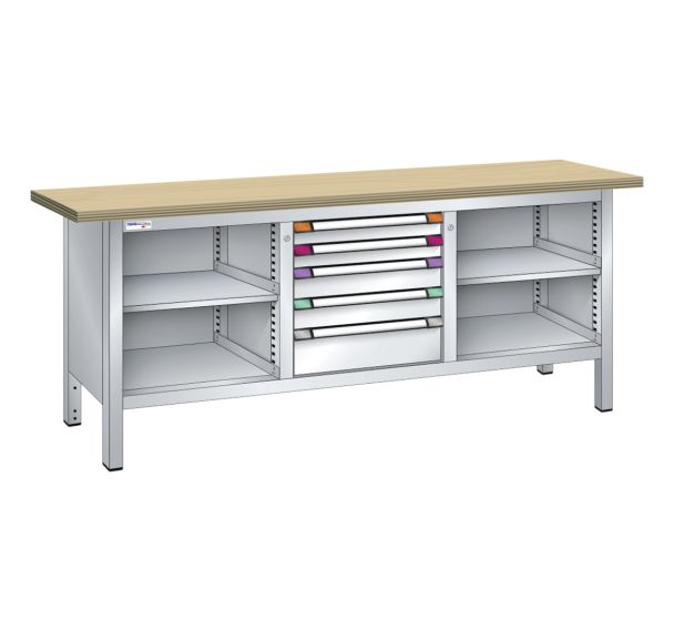 Établi compact hêtre 200x70x85 cm 4 étagères 5 tiroirs Thurmetall