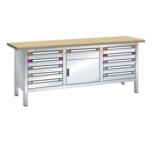 Établi compact multiplex 200x70x84 cm 1 porte battante 11 tiroirs Thurmetall
