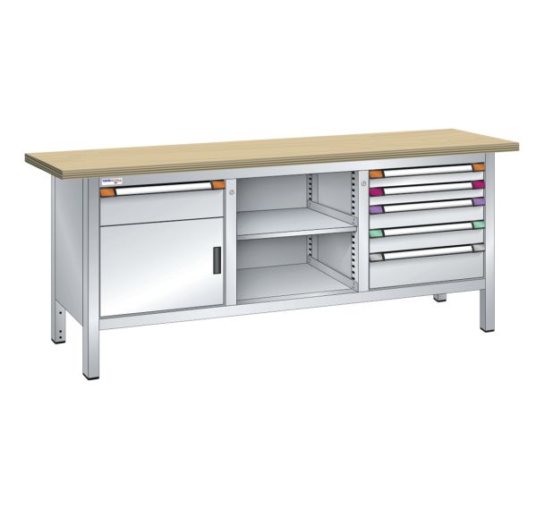Établi compact multiplex 200x70x84 cm 1 porte battante 1 étagère 6 tiroirs Thurmetall