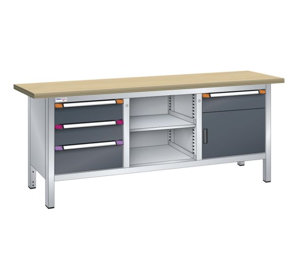 Établi compact multiplex 200x70x84 cm 1 porte battante 1 étagère 6 tiroirs Thurmetall