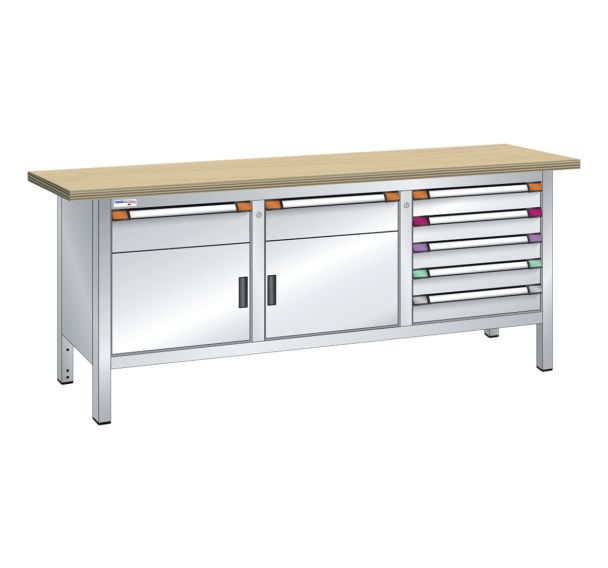 Établi compact multiplex 200x70x84 cm 2 portes battantes 7 tiroirs Thurmetall