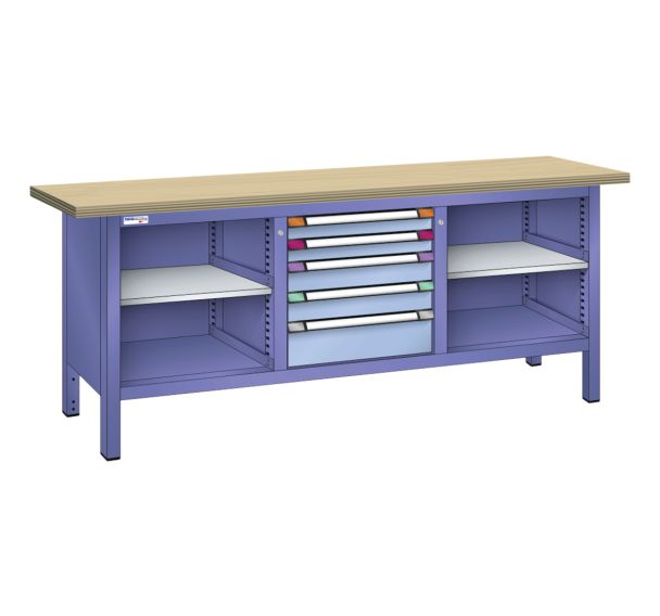 Établi compact multiplex 200x70x84 cm 4 étagères 5 tiroirs Thurmetall