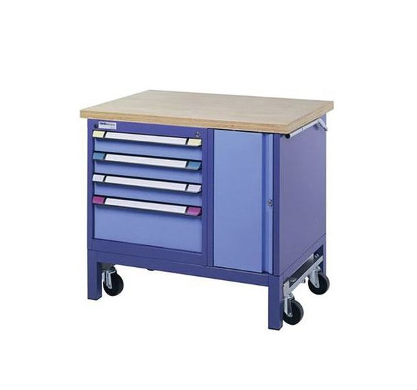 Etabli mobile 4 tiroirs 1 porte L = 1000 mm Bleu pigeon/ Bleu clair