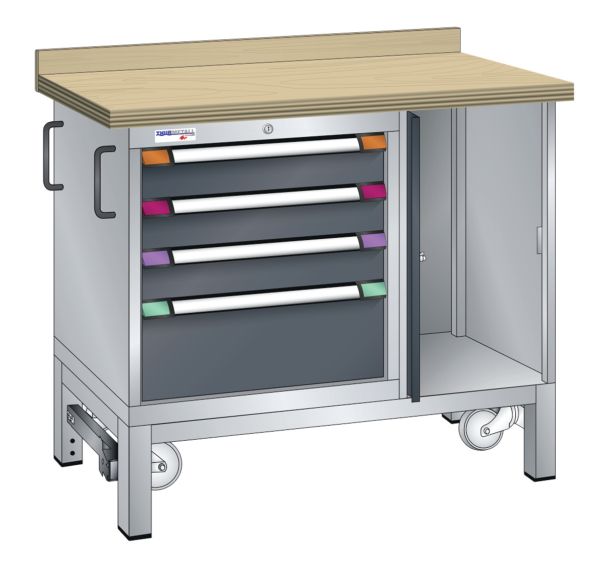 Établi mobile hêtre 100x70x88 cm 1 porte, 4 tiroirs (3x10/1x20)