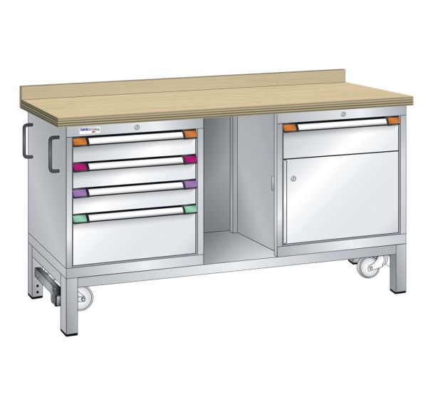Établi mobile hêtre 100x70x88 cm 1 porte, 5 tiroirs (3x10/1x15/1x20)