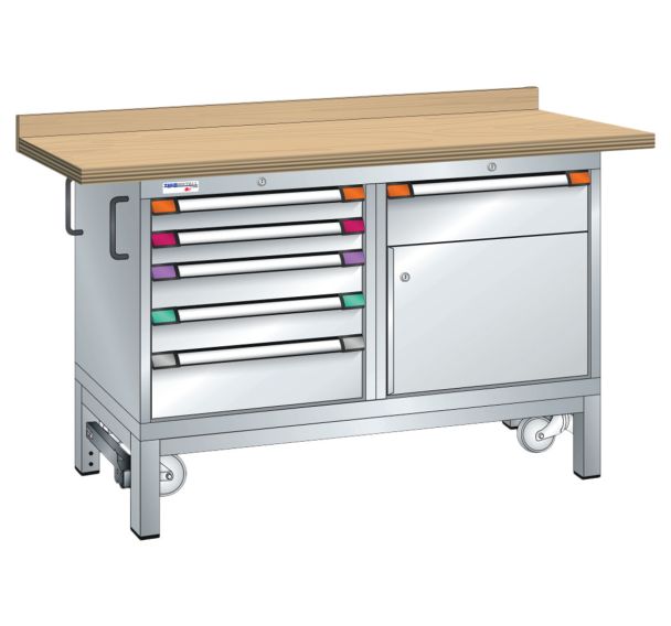 Établi mobile hêtre 150x70x88 cm 1 porte, 6 tiroirs (2x75/2x10/2x15)