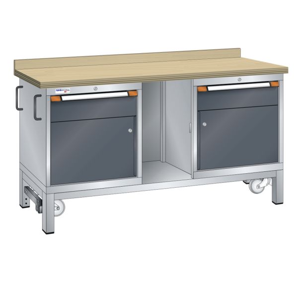 Établi mobile hêtre 150x70x88 cm 2 portes battantes, 2 tiroirs (2x15)