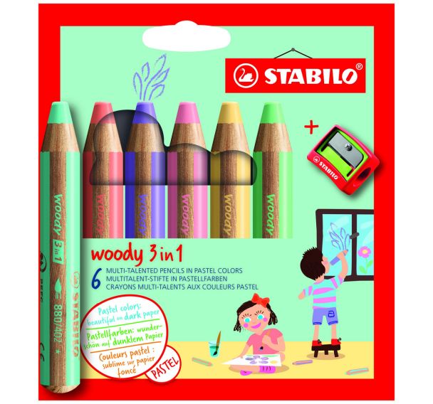 Etui 6 crayons woody pastel + 1 taille-crayons