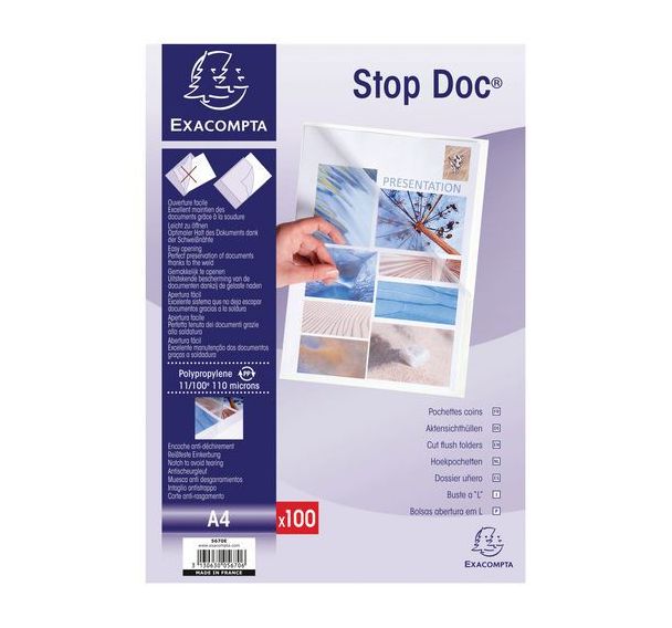 Etui carton 100 pochettes coin stop doc PP lisse 11/100e A4