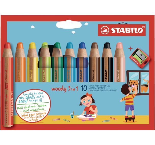 Etui carton 10 crayons Stabilo woody mine diam. 10 mm + 1 taille-crayon en plastique gros module offert