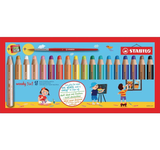 Etui carton 18 crayons couleurs assorties gros module Woody + 1 taille crayons en plastique gros module + 1 pinceau offerts