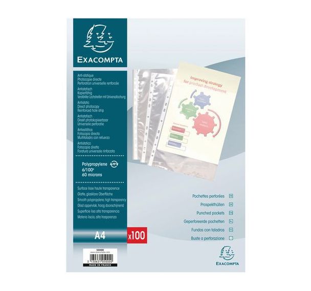 Etui carton de 100 pochettes perforées pp lisse 6/100e - a4