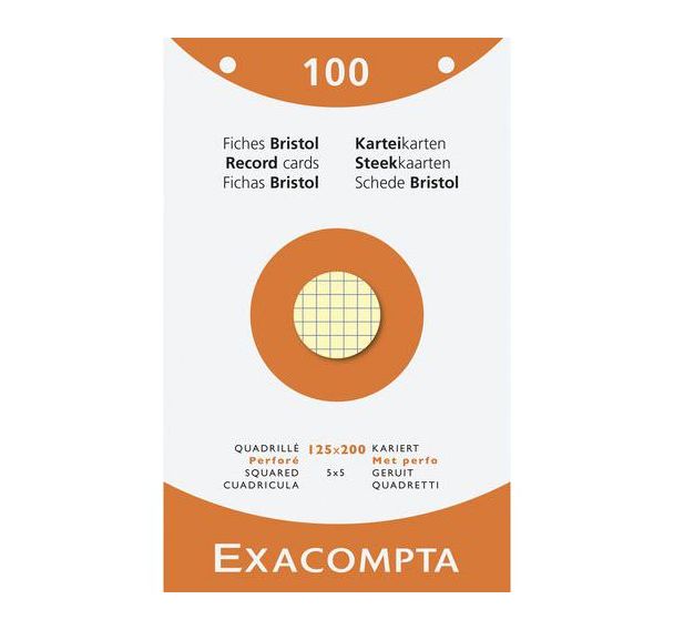 Étui de 100 fiches quadrillées perforées 125x200mm assorties