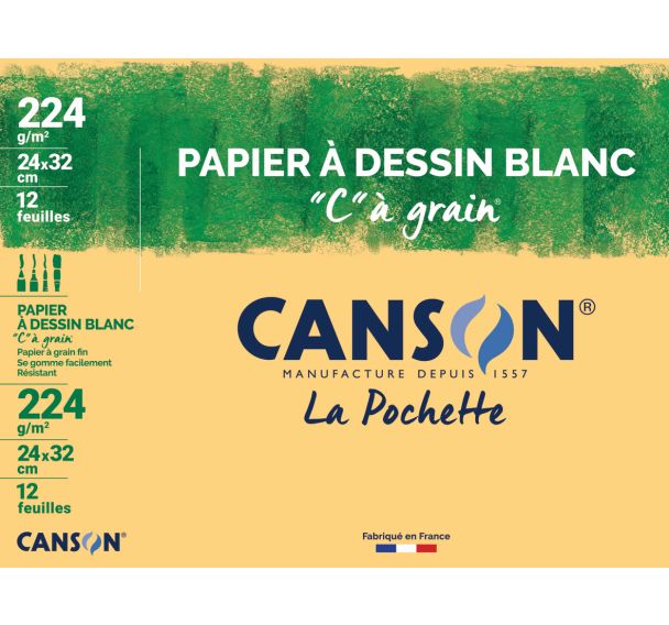 Feuille dessin blanc Canson ca grain 24x32 224g (Pochette de 12)