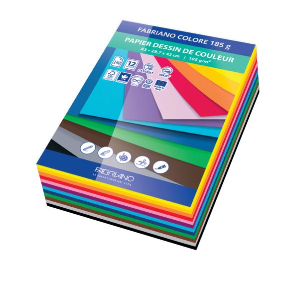 Feuilles papier Dessin Couleur 185g - 12 couleurs - Fabriano