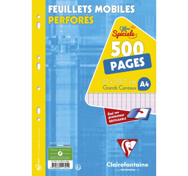 Feuillets mobiles perforés seyes 500 pages 90g 21x29.7 cm (Etui de 250)