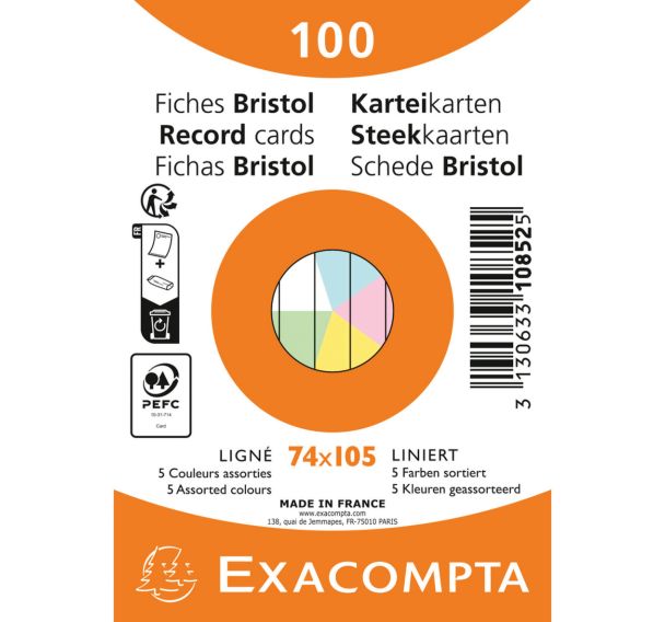 Fiche Bristol sous film ligné non perforé - Paquet de 100 - Exacompta