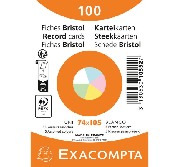 Fiche Bristol sous film uni non perforé - Paquet de 100 - Exacompta