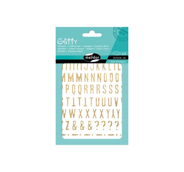 Glitty, Sach 2 pl 10,5x16cm, Alphabet / chiffres, or