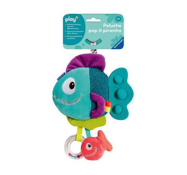 Hochet peluche piranha bleu