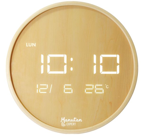 Horloge murale LED ronde bois - Manutan